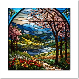 Stained Glass Springtime Mountain Path Posters and Art